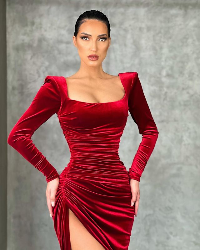 Mermaid Burgundy Long Sleeves Evening Dress-Prom Dresses-BallBride