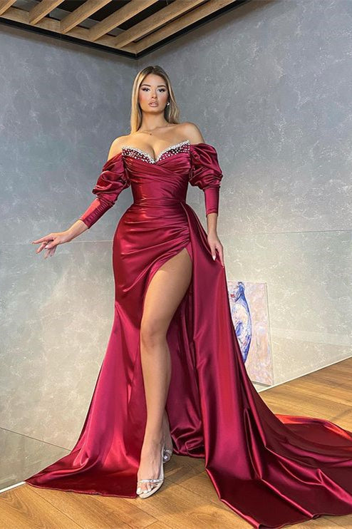 Mermaid Burgundy Prom Dress with Slit - Long Sleeves-BallBride