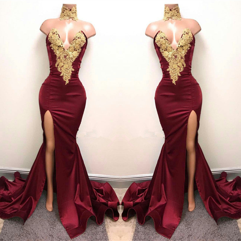 Mermaid Burgundy V-Neck Prom Dress Split with Lace Appliques-BallBride