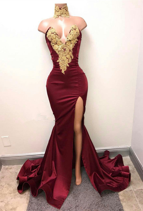 Mermaid Burgundy V-Neck Prom Dress Split with Lace Appliques-BallBride