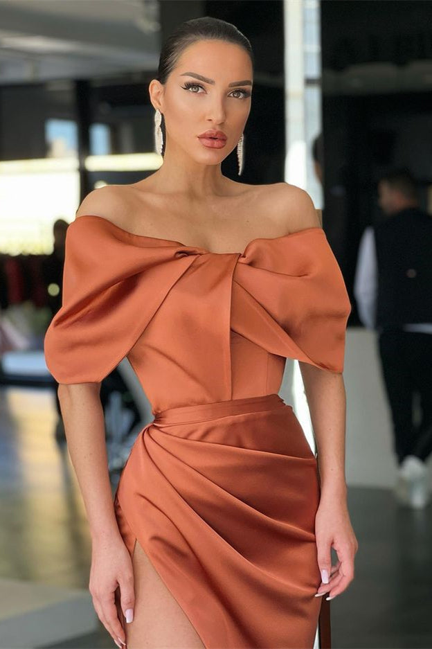 Mermaid Burnt Orange Off-The-Shoulder Prom Dress with Split-BallBride