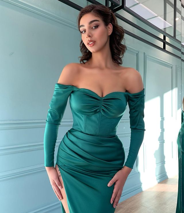 Mermaid Dark Green Long Sleeves Evening Dress-BallBride