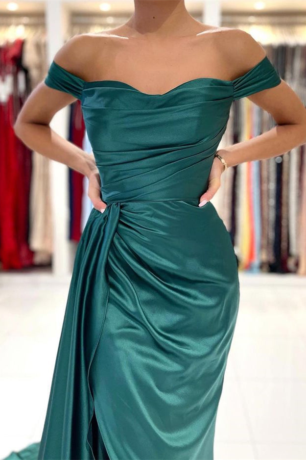 Mermaid Dark Green Off-the-Shoulder Prom Dress Split With Ruffles-BallBride