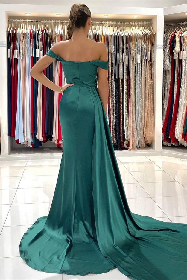 Mermaid Dark Green Off-the-Shoulder Prom Dress Split With Ruffles-BallBride