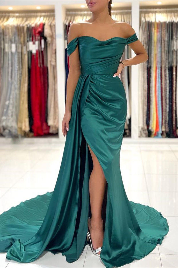 Mermaid Dark Green Off-the-Shoulder Prom Dress Split With Ruffles-BallBride