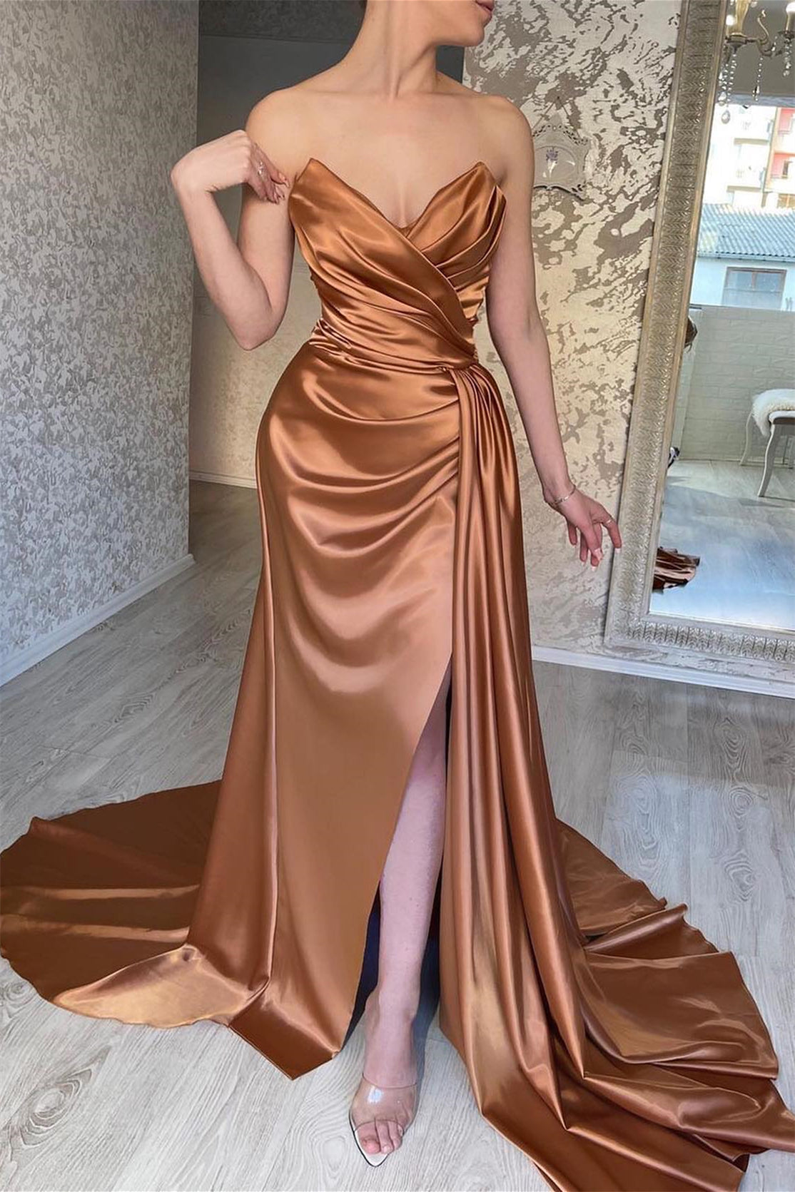 Mermaid Evening Dress Slit Pleated with Ruffles - Amazing Sweetheart-Occasion Dress-BallBride