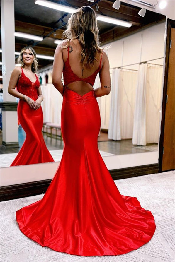 Mermaid Evening Dress - Spaghetti Strap, Black & Red Smooth Fabric Online-Evening Dresses-BallBride