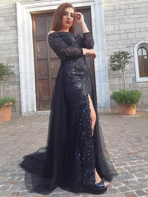 Mermaid Evening Dress with Slit and Amazing Black Appliques Long Sleeves-Occasion Dress-BallBride