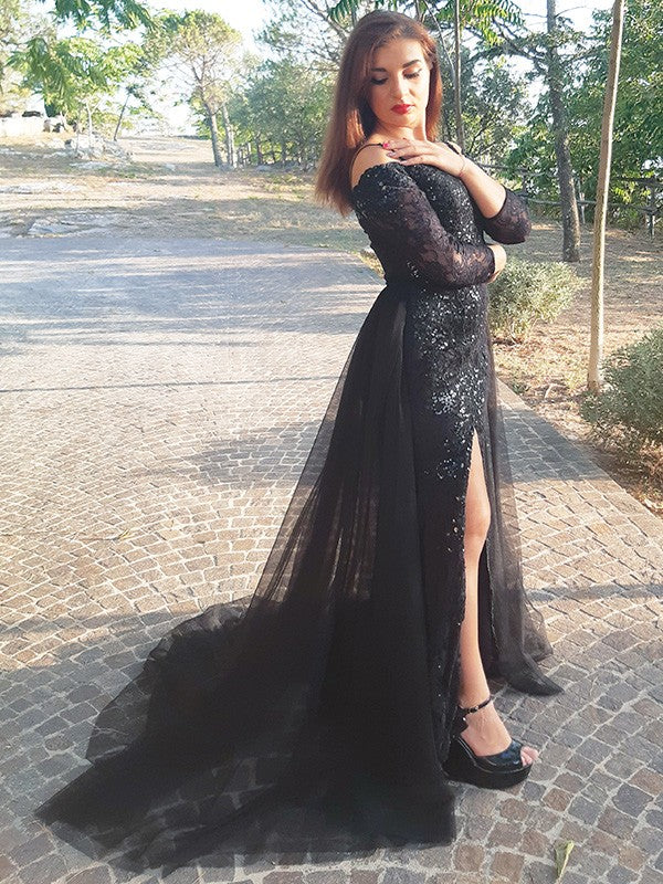 Mermaid Evening Dress with Slit and Amazing Black Appliques Long Sleeves-Occasion Dress-BallBride