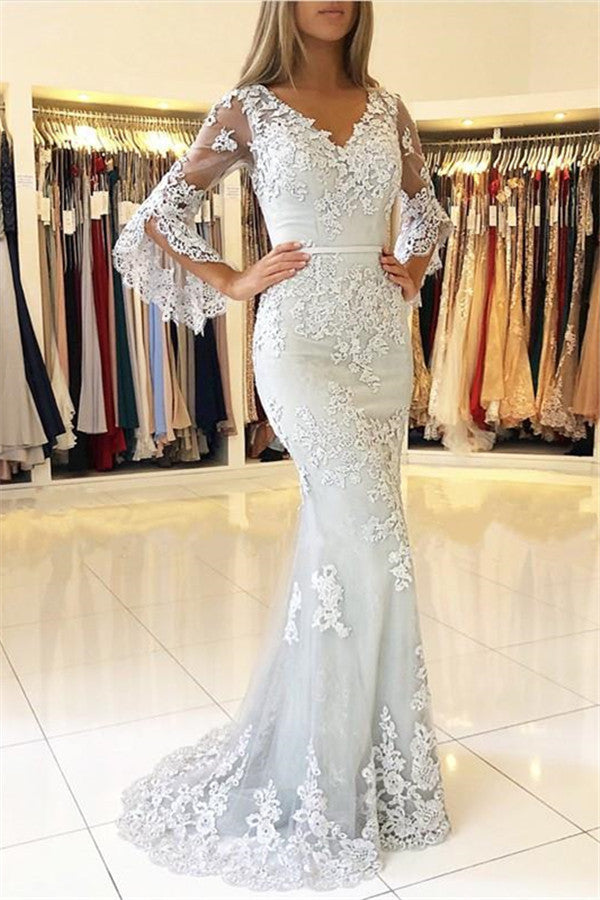 Mermaid Half Sleeves Prom Dress Long-Wedding Dresses-BallBride