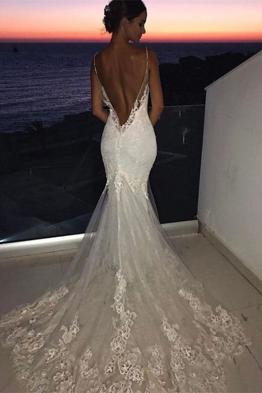 Mermaid Lace Wedding Dress On Sale with Charming Spaghetti-Straps and Appliques-Wedding Dresses-BallBride