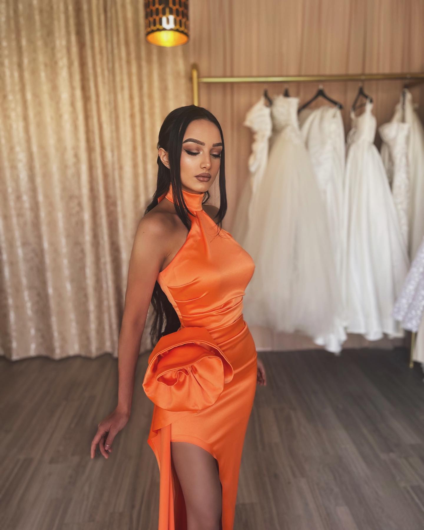 Mermaid Long Chic Orange High Neck Prom Dress with Split Sleeveless-Occasion Dress-BallBride