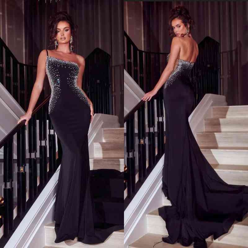 Mermaid Long Prom Dress with Beads - Classic One Shoulder Black-Occasion Dress-BallBride
