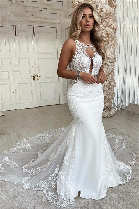 Mermaid Long Sleeveless Wedding Dress with Lace Appliques-Wedding Dresses-BallBride