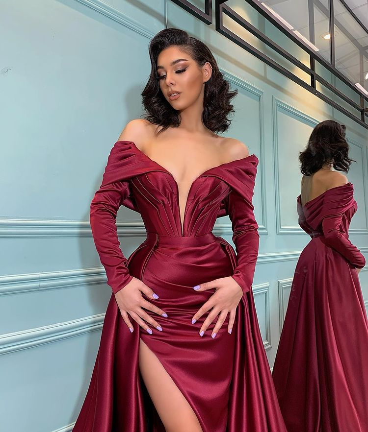 Mermaid Long Sleeves Burgundy Evening Dress-BallBride