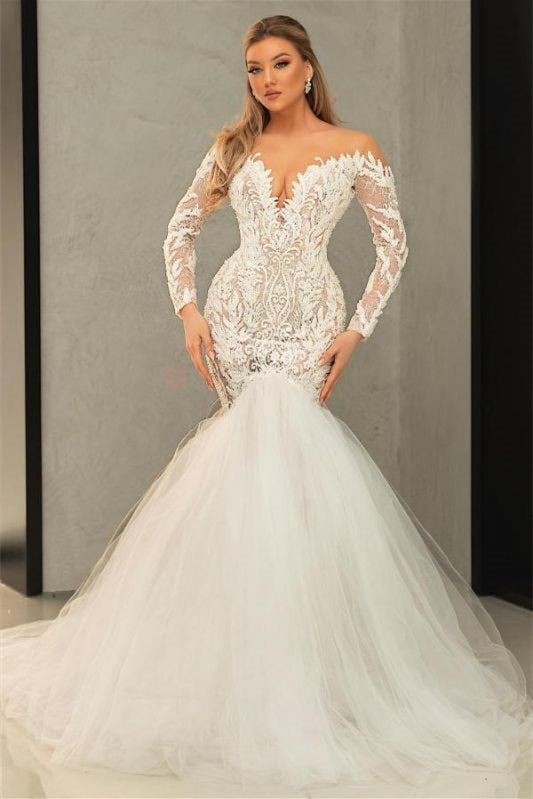 Mermaid Long Sleeves V-Neck Tulle Lace Wedding Dress - New Arrival-Wedding Dresses-BallBride