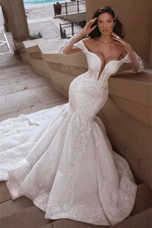 Mermaid Long Sleeves Wedding Dress with Charming Off-the-Shoulder and Lace Appliques-Wedding Dresses-BallBride