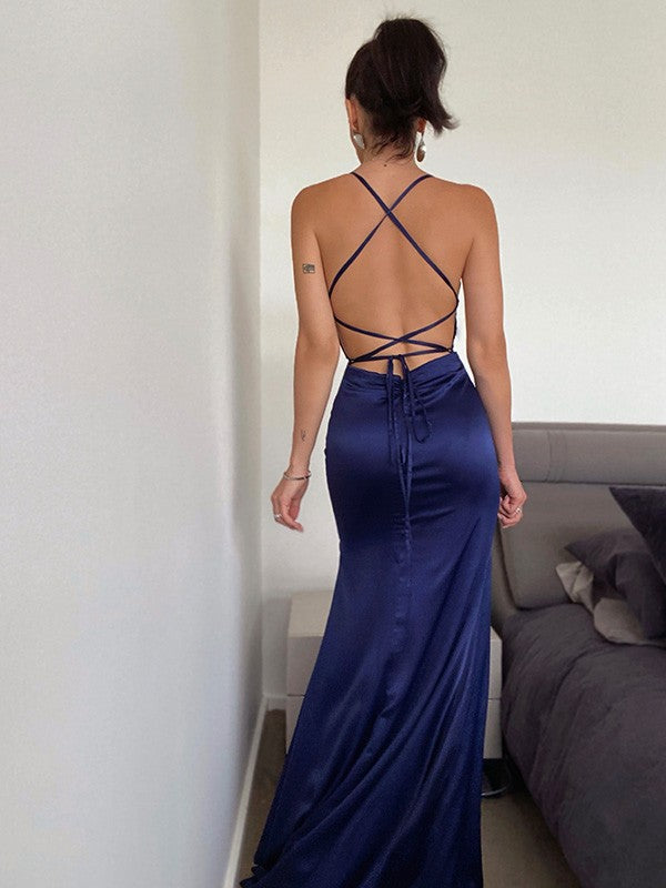 Mermaid Navy Blue Prom Dress with Splits-BallBride