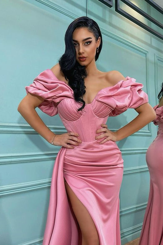 Mermaid Off-the-Shoulder Split Prom Dress in Pink-BallBride