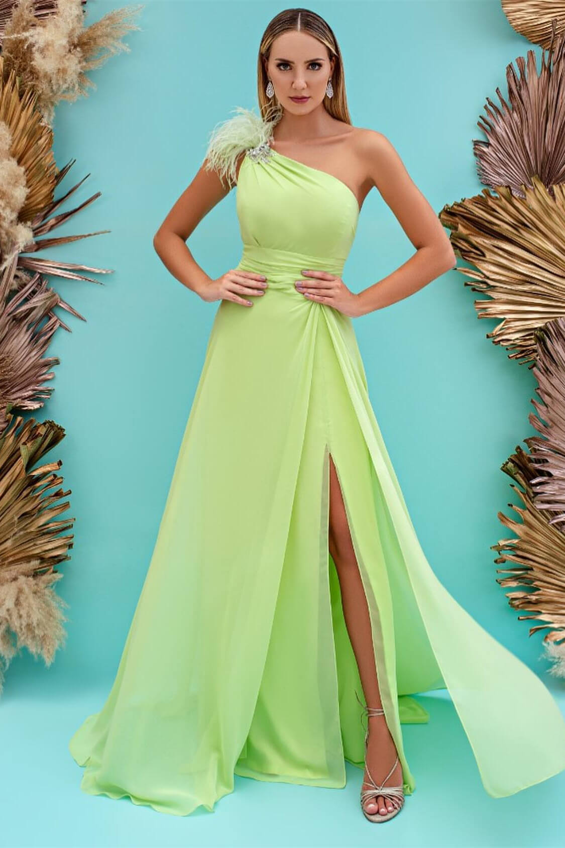 Mermaid One Shoulder Evening Dress with Feather - Light Green-Prom Dresses-BallBride