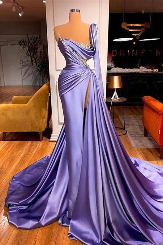 Mermaid One Shoulder Long Sleeves Prom Dress with Slit & Beadings-BallBride