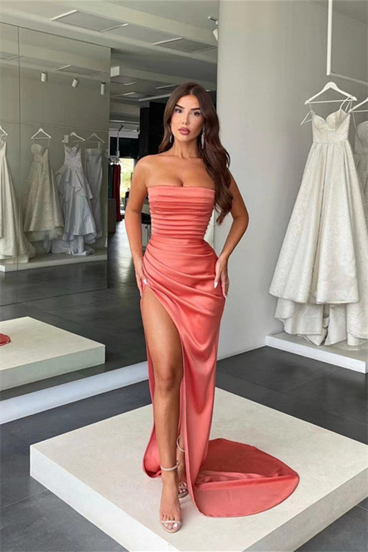 Mermaid Prom Dress - Amazing Coral Strapless With Pleats Slit-BallBride