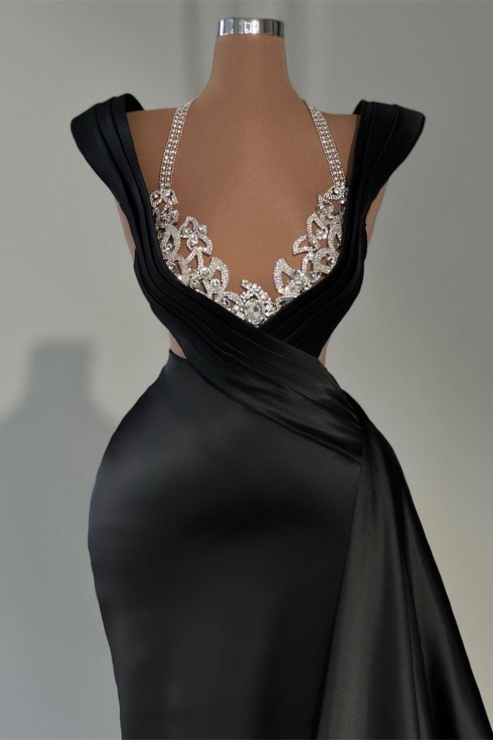 Mermaid Prom Dress - Black V-Neck Sleeveless with Beaded Ruffles-Occasion Dress-BallBride