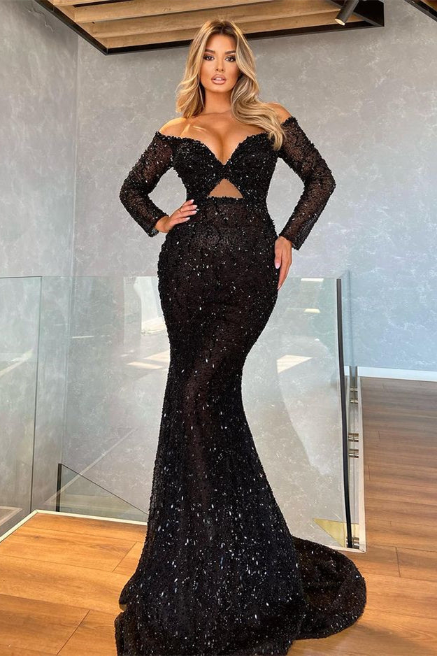 Mermaid Prom Dress Black With Sequins - Long Sleeves V-Neck-BallBride