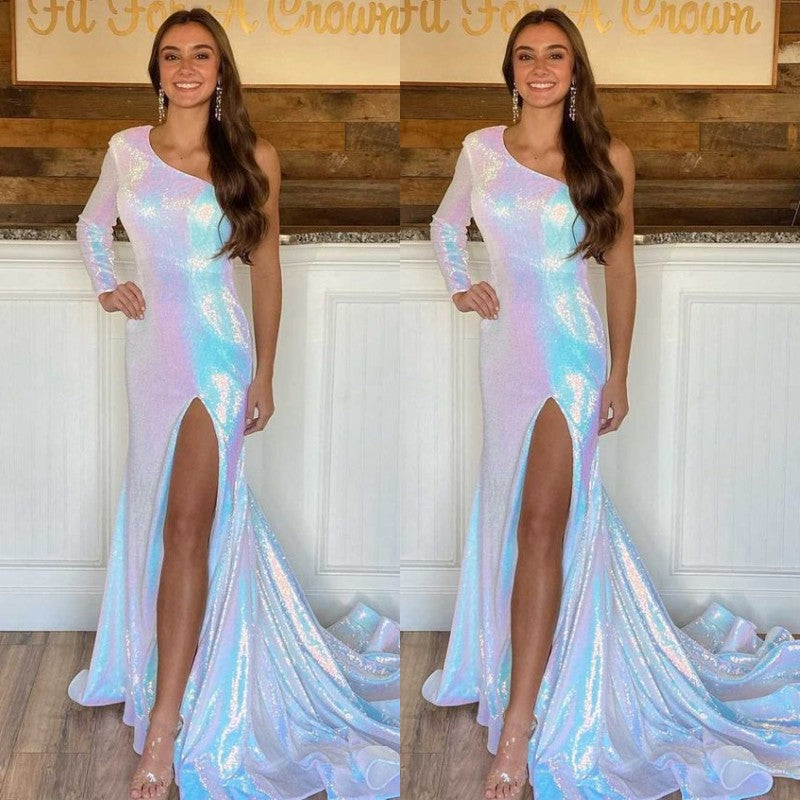 Mermaid Prom Dress: Modern One Shoulder Long Sleeves Sequins With Split-Occasion Dress-BallBride