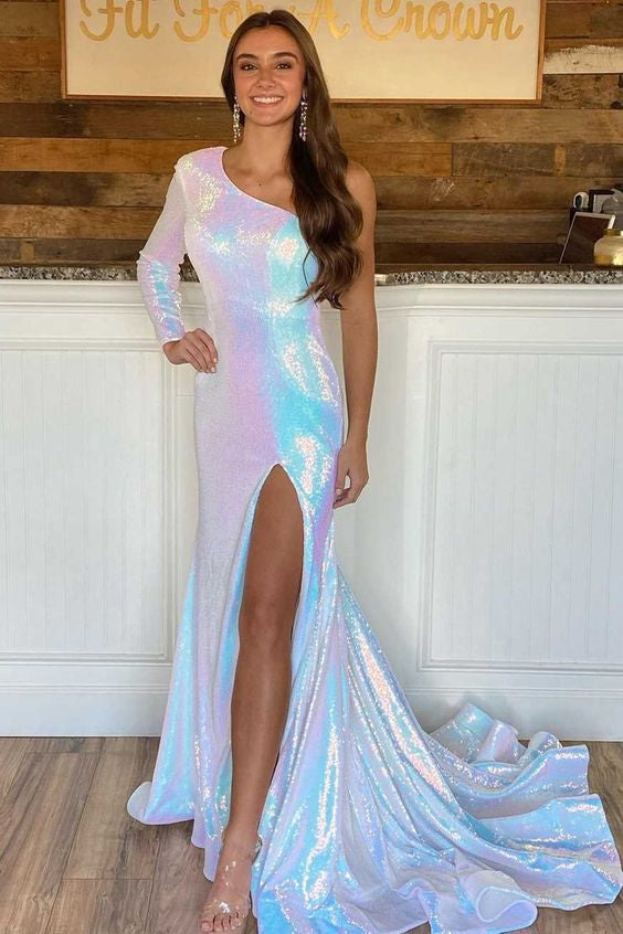 Mermaid Prom Dress: Modern One Shoulder Long Sleeves Sequins With Split-Occasion Dress-BallBride