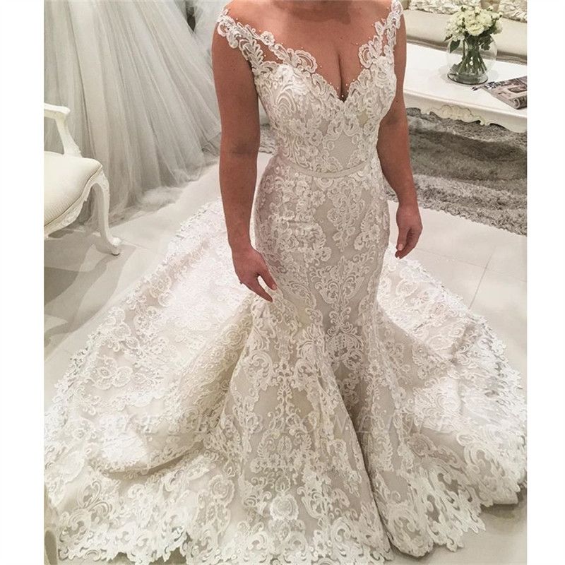 Mermaid Prom Dress with Appliques Lace - Sexy Deep V-neck Spaghetti-Straps Floor-length-Wedding Dresses-BallBride