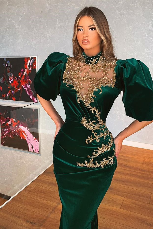 Mermaid Prom Dress with Dark Green Bubble Sleeves and Appliques-Occasion Dress-BallBride