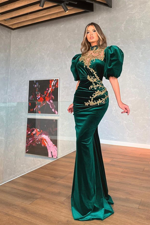 Mermaid Prom Dress with Dark Green Bubble Sleeves and Appliques-Occasion Dress-BallBride