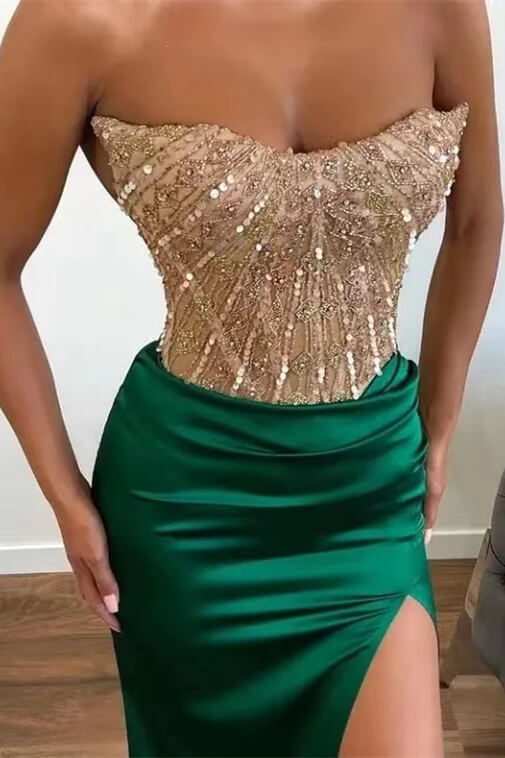 Mermaid Prom Dress with Green Applique Beadings and Strapless Split-BallBride