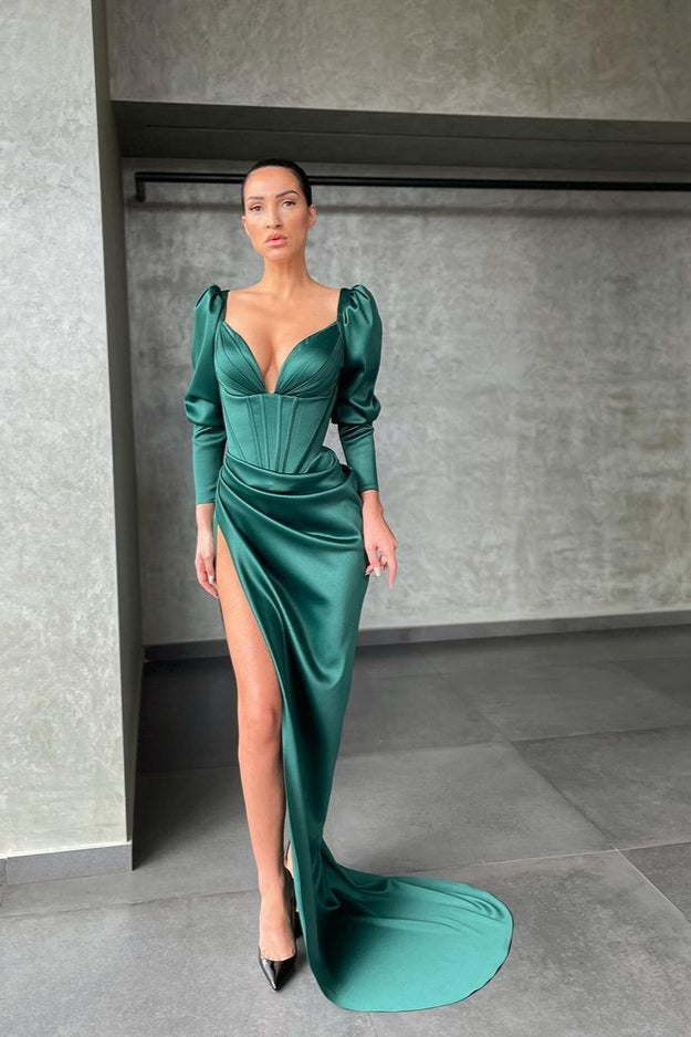 Mermaid Prom Dress with Slit and V-Neck Long Sleeves-BallBride