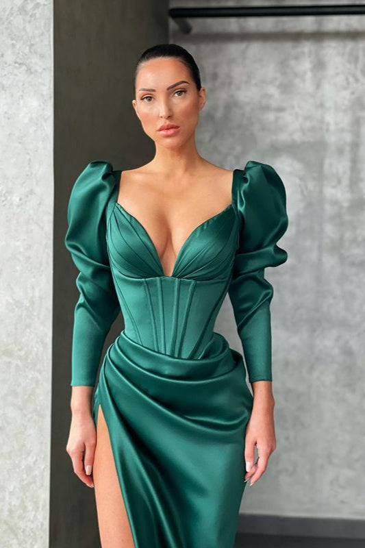 Mermaid Prom Dress with Slit and V-Neck Long Sleeves-BallBride