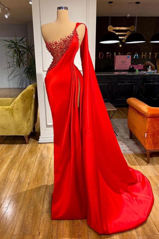 Mermaid Red Ruffles Prom Dress with Beading-BallBride