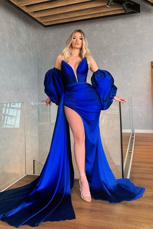 Mermaid Royal Blue Prom Dress with Removable Sleeves & Slit-BallBride