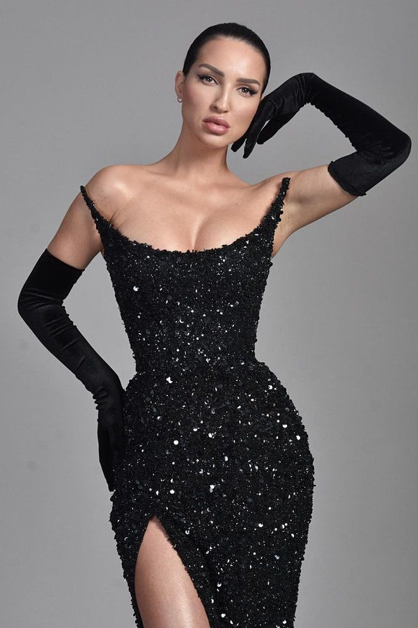 Mermaid Sequins Long Prom Dress with Chic Black Strapless Split-Occasion Dress-BallBride