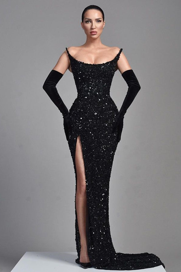 Mermaid Sequins Long Prom Dress with Chic Black Strapless Split-Occasion Dress-BallBride