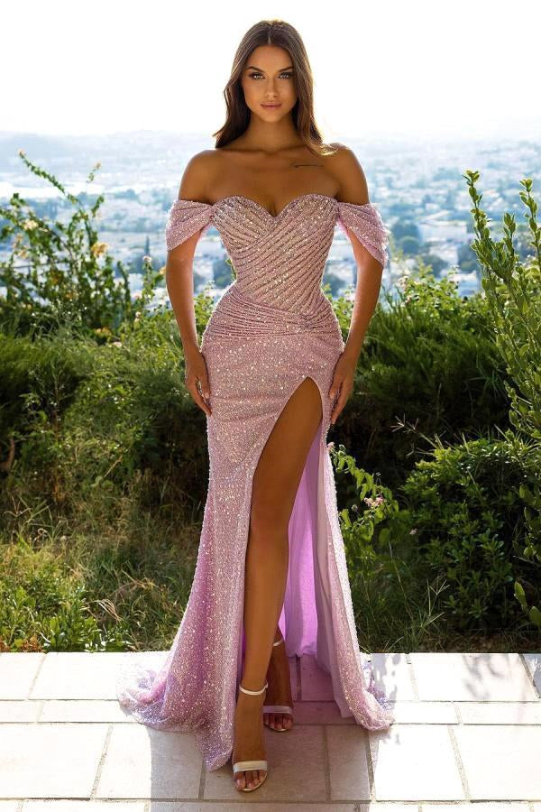 Mermaid Sequins Prom Dress with Off-the-Shoulder Split-BallBride