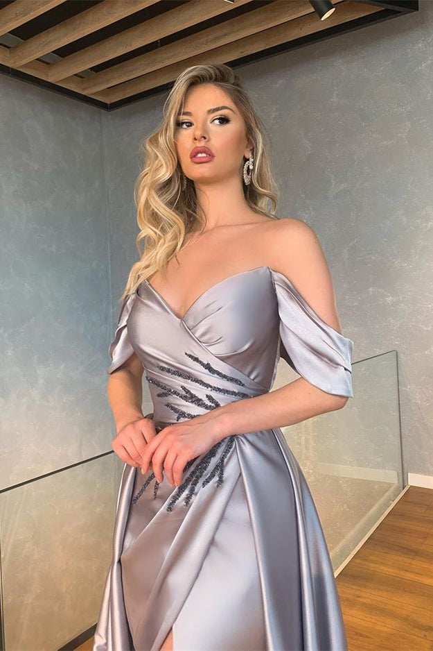 Mermaid Silver Off-the-Shoulder Prom Dress With Slit-BallBride