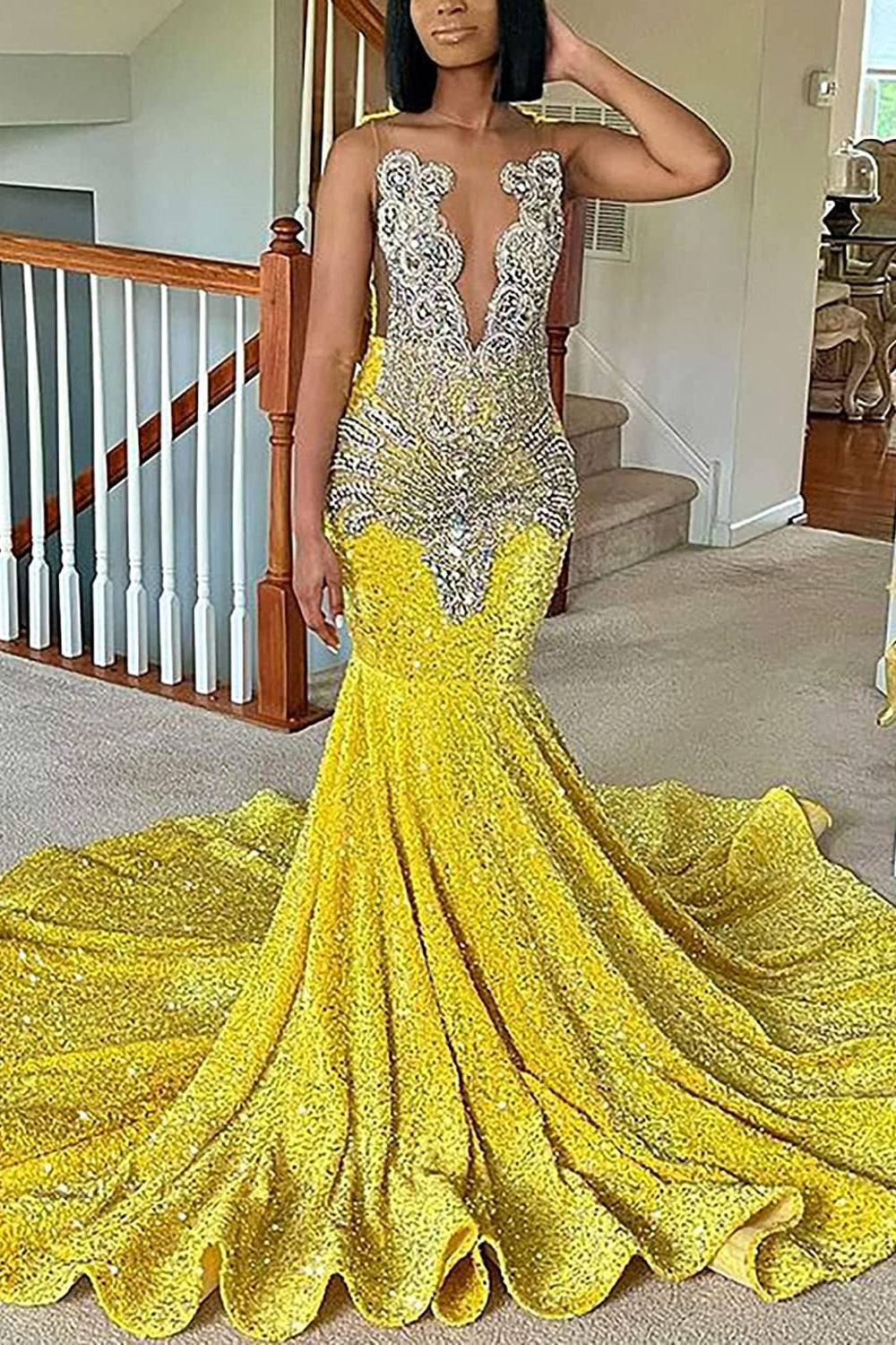 Mermaid Sleeveless Prom Dress with Classic Yellow Sequins and Crystal-Occasion Dress-BallBride