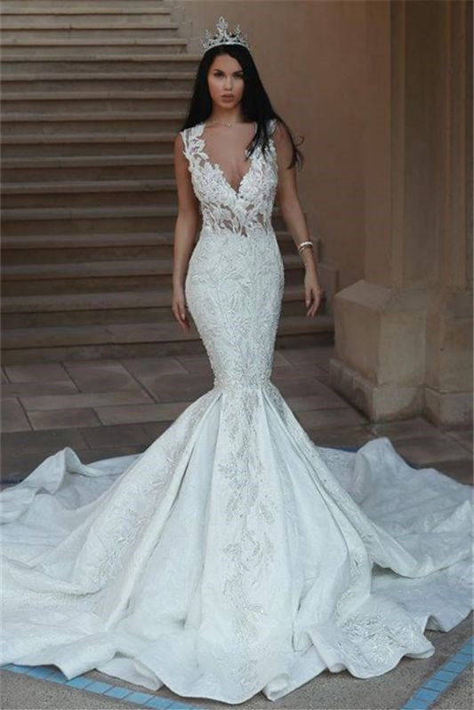 Mermaid Sleeveless V-Neck Wedding Dress With Lace Appliques-Wedding Dresses-BallBride