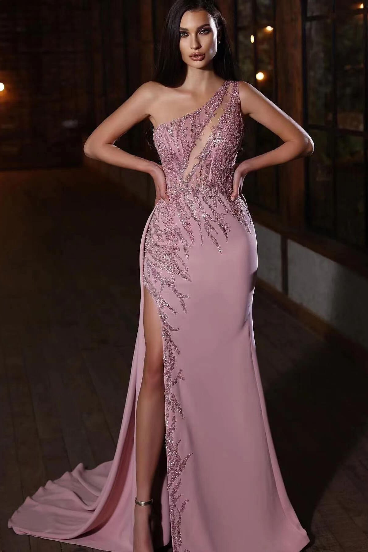 Mermaid Split Elegant One-Shoulder Applique Prom Dress-BallBride