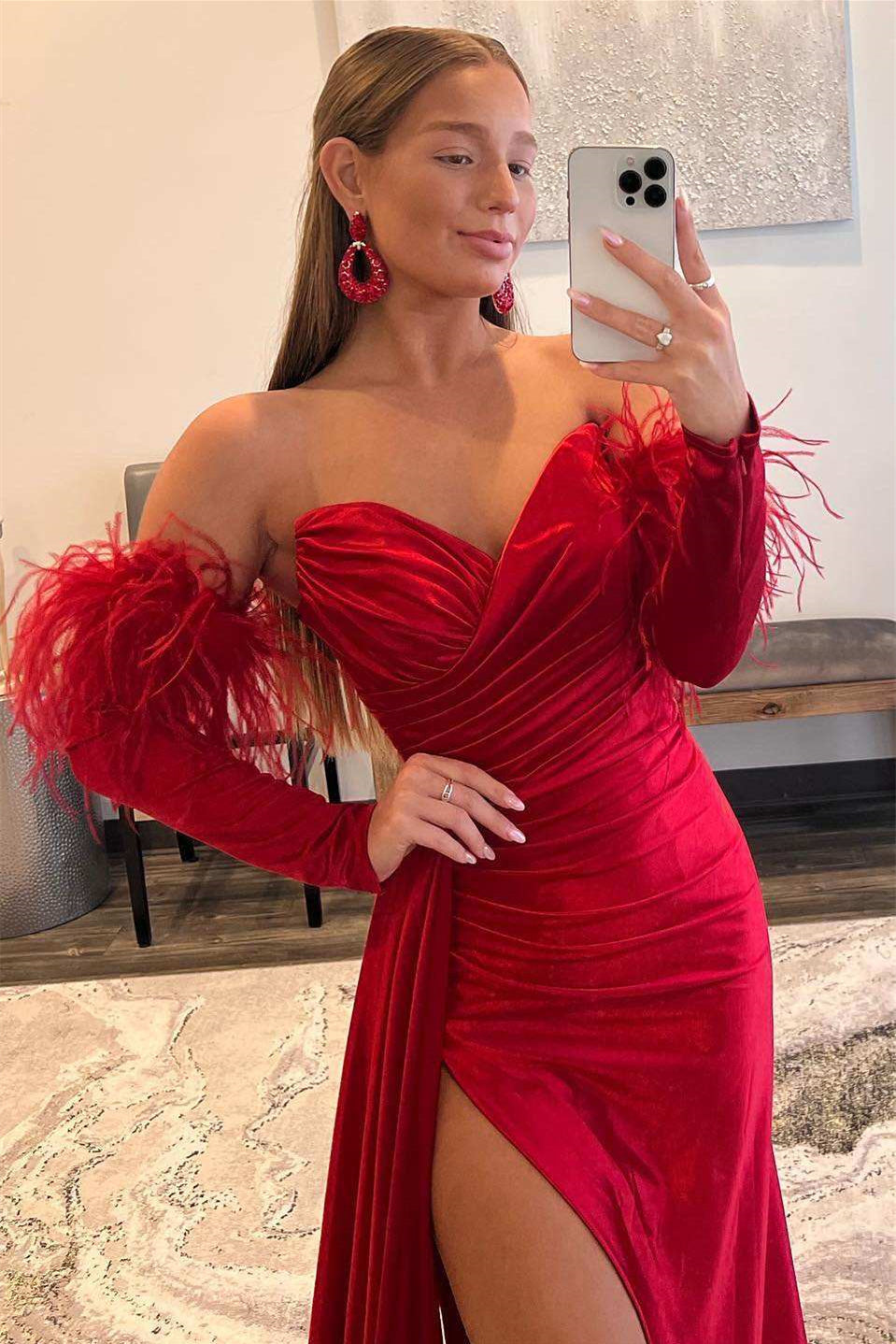 Mermaid Split Red Sweetheart Prom Dress with Detachable Feather Sleeves-Occasion Dress-BallBride