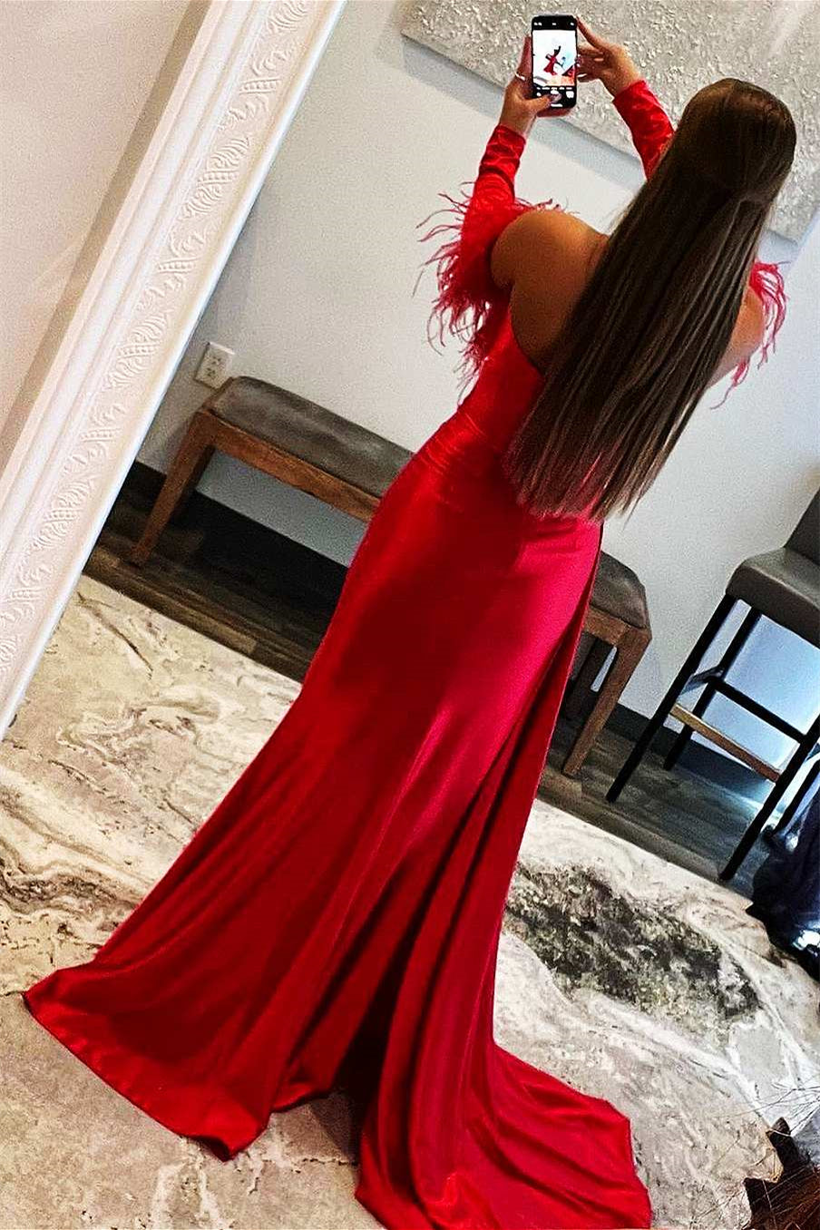 Mermaid Split Red Sweetheart Prom Dress with Detachable Feather Sleeves-Occasion Dress-BallBride