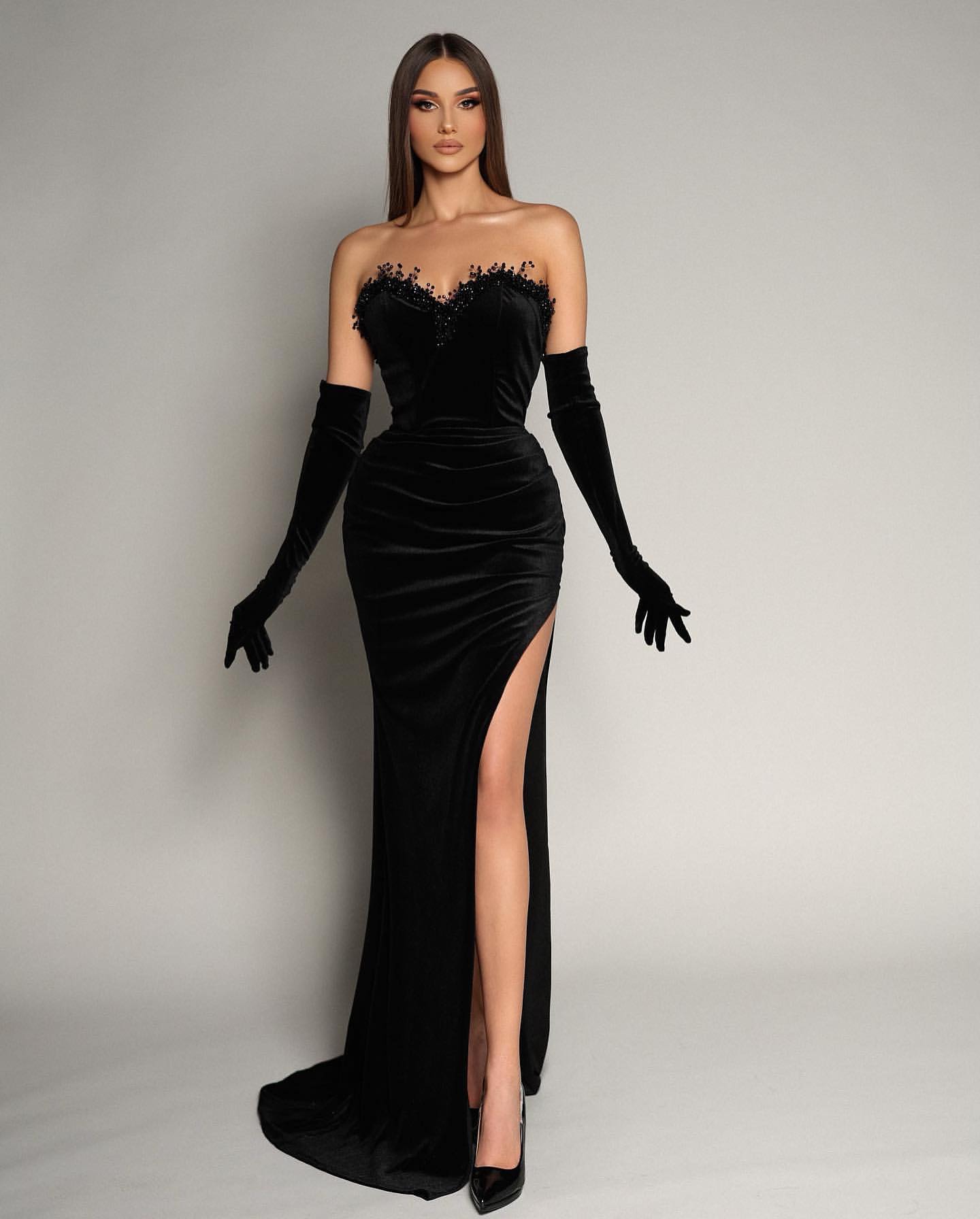 Mermaid Sweetheart Black Beaded Evening Dress with Gloves-Evening Dresses-BallBride