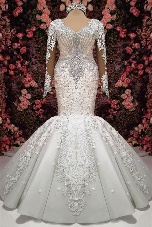 Mermaid Wedding Dress Lace Appliques With Beadings - Sweetheart Long Sleeves New Arrival-Wedding Dresses-BallBride