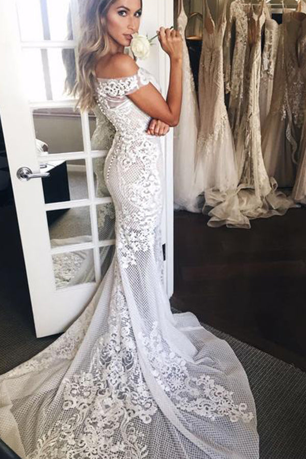 Mermaid Wedding Dress With Appliques and Off-the-Shoulder Sweep Train-Wedding Dresses-BallBride